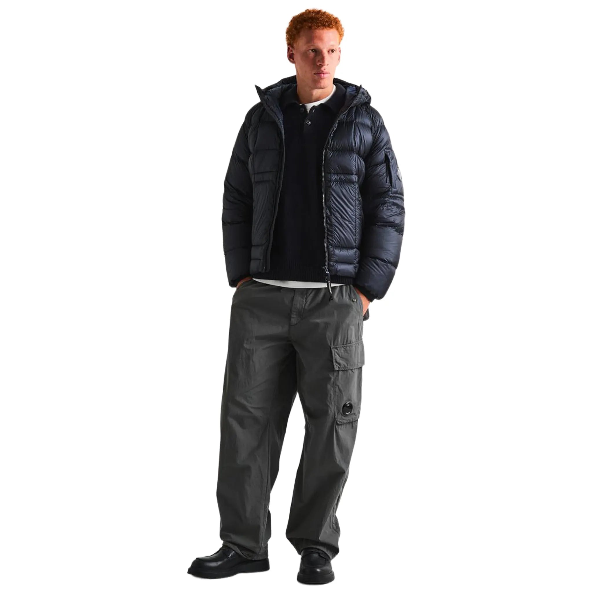 Model view of CP Company D.D. Shell Total Eclipse Blue Hooded Puffer Jacket